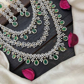Vriksham Traditional 3 Layer American Diamond Long Neckpiece-Green-G20229